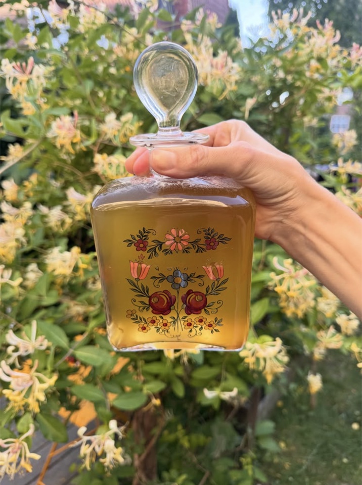 Hand holding a square glass bottle of kombucha in front of flowering greenery.